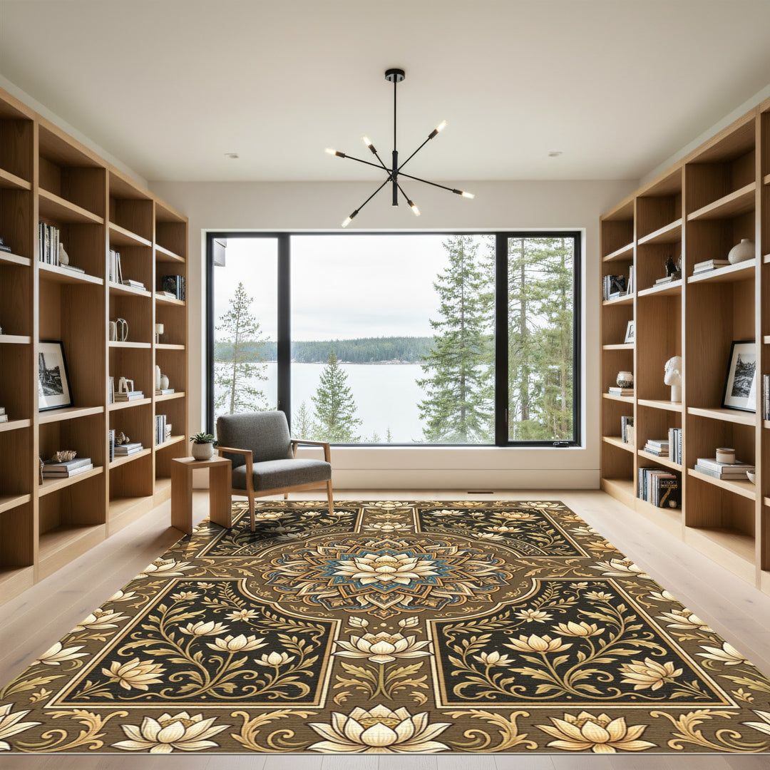 Golden Lotus Mandala Brown Rug