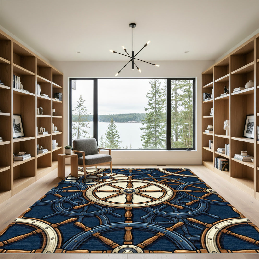 Nautical Ship Wheels Dark Blue Pattern Rug