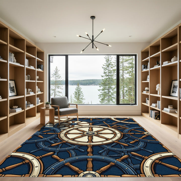 Nautical Ship Wheels Dark Blue Pattern Rug