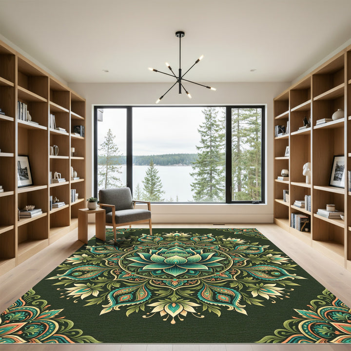 Emerald Lotus Mandala Rug Decor Rug