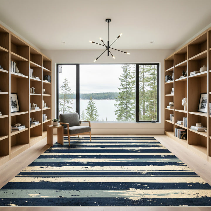 Nautical Blue White Striped Texture Rug