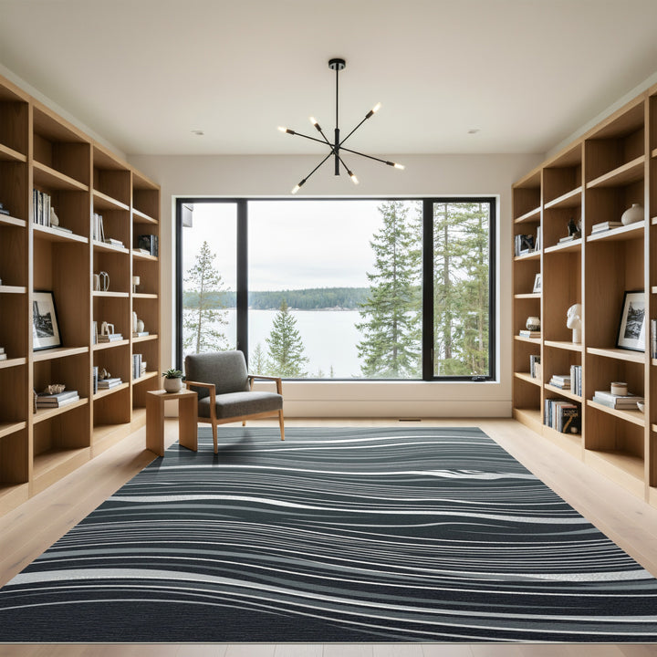 Deep Gray Wavy Stripe Abstract Rug