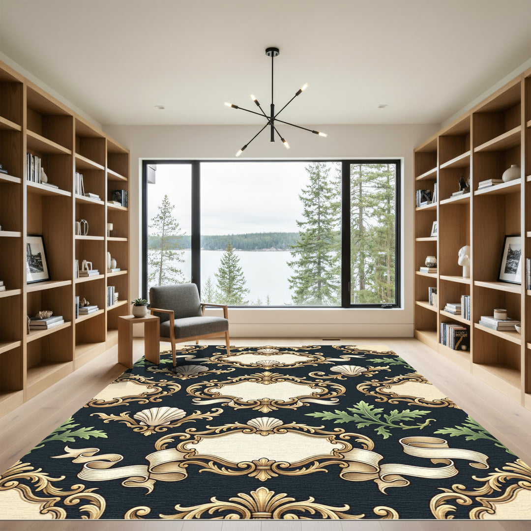 Opulent Gold Seashell Scrollwork Rug