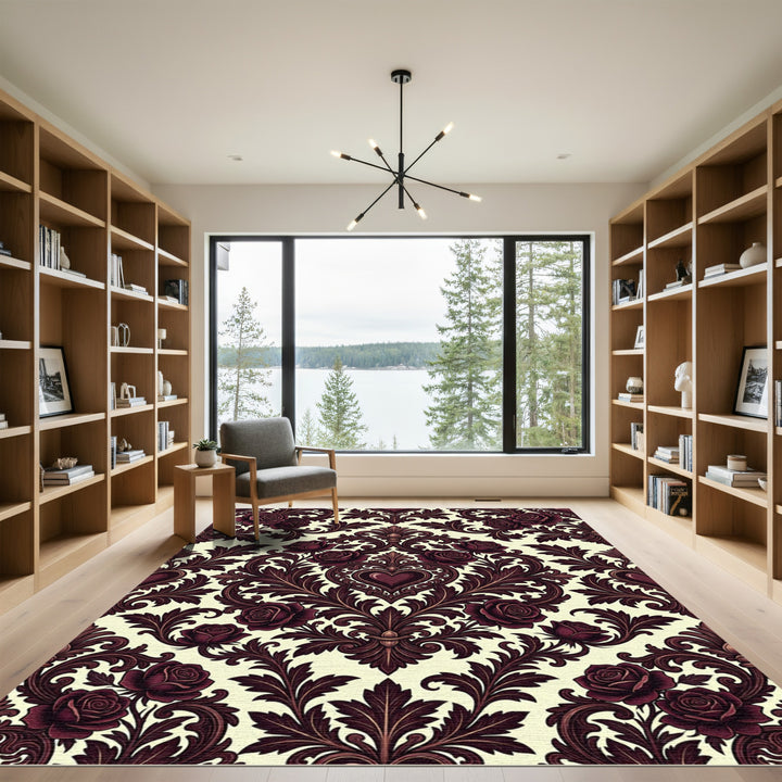 Burgundy Rose Baroque Damask Rug
