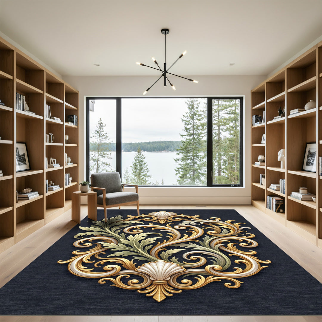 Ornate Gold Seashell Leaf Scroll Rug