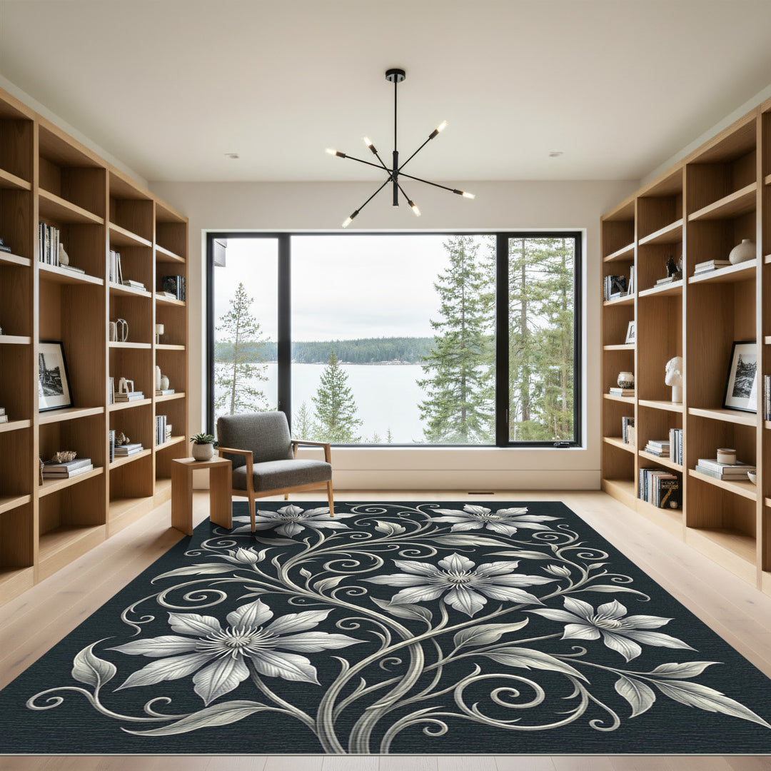 Gray White Floral Vine Swirl Rug