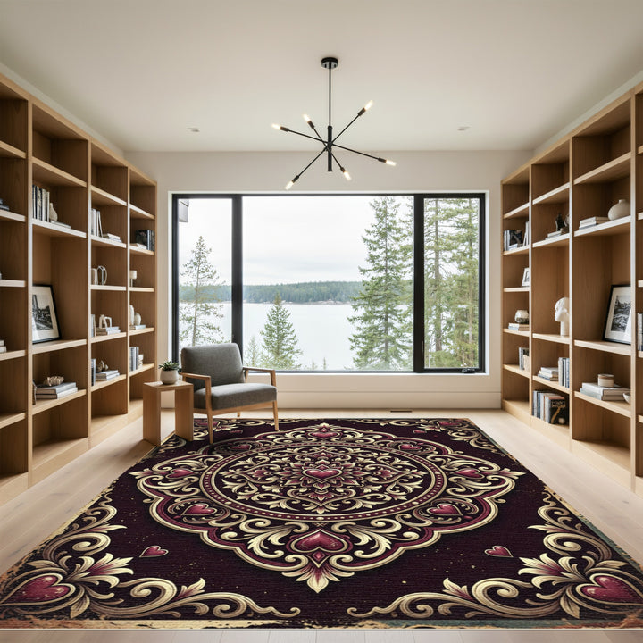 Ornate Hearts and Gold Medallion Rug