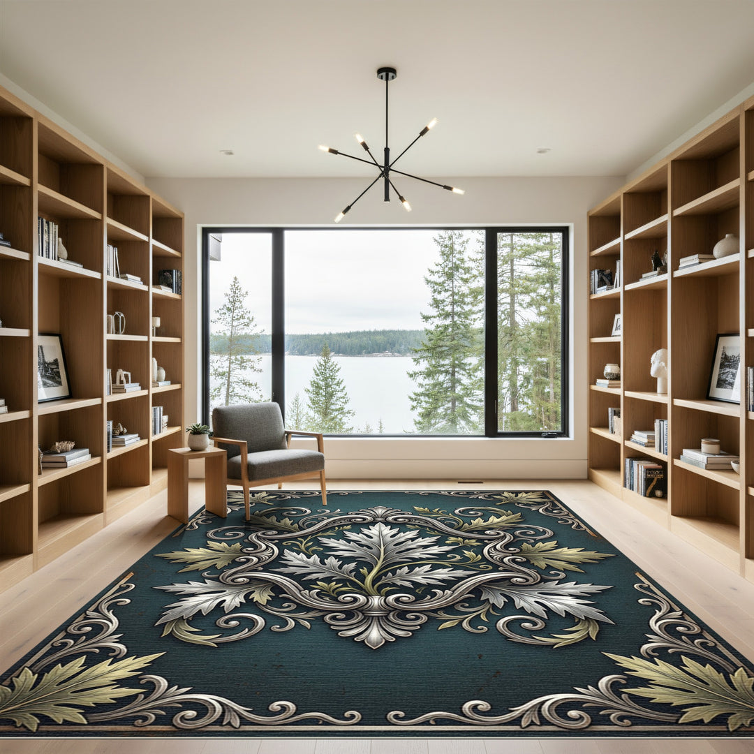 Ornate Teal Acanthus Leaf Scrollwork Rug