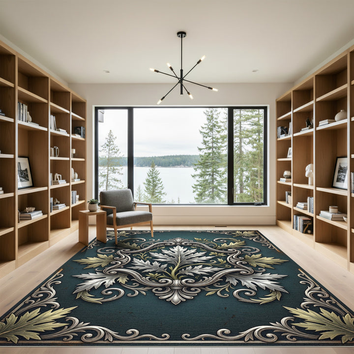 Ornate Teal Acanthus Leaf Scrollwork Rug