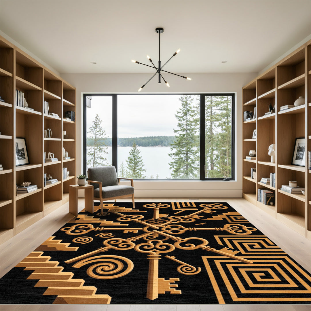 Golden Ornate Keys Staircase Motif Rug