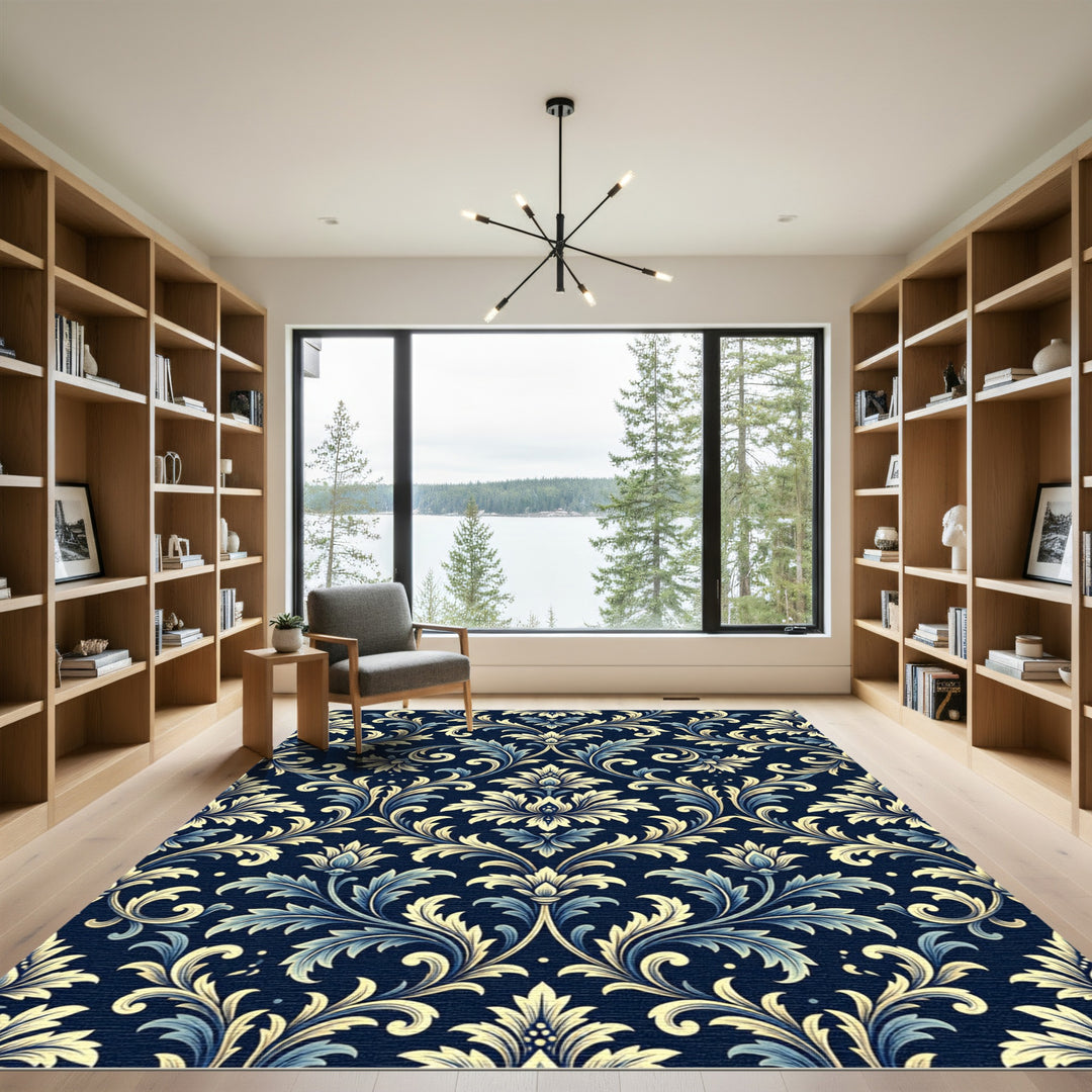 Gilded Blue Damask Floral Tapestry Rug