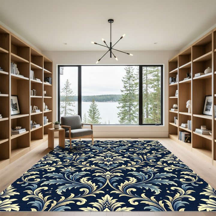 Gilded Blue Damask Floral Tapestry Rug