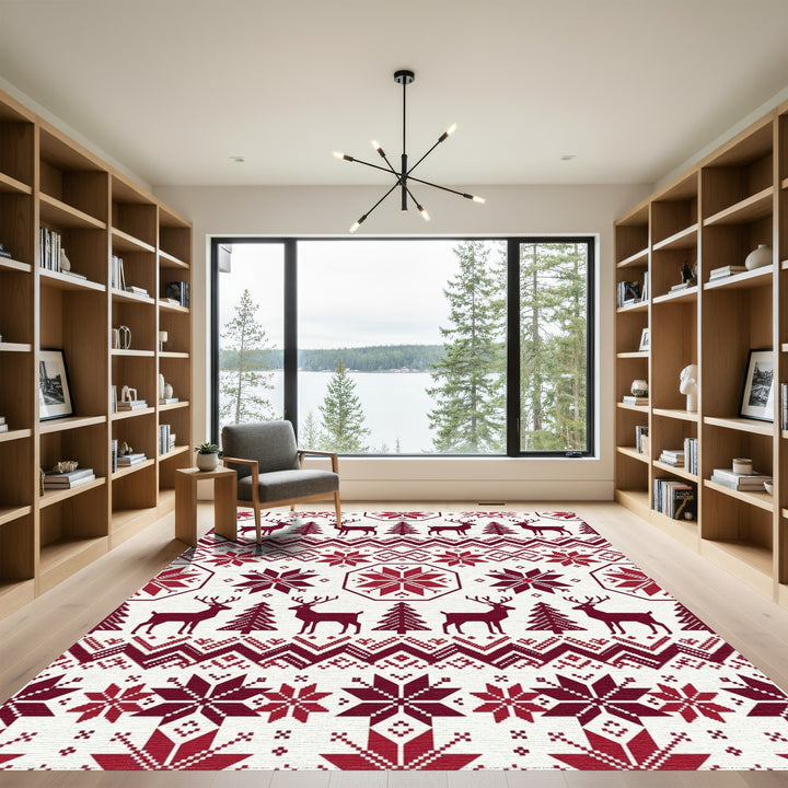 Crimson Reindeer and Snowflakes Tapestry Rug