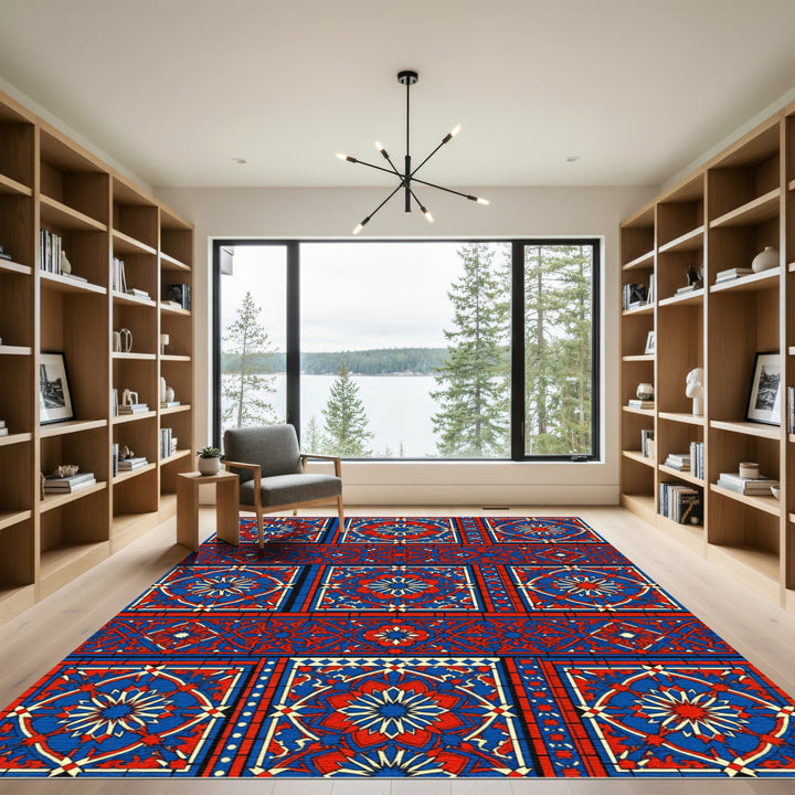 Bold Red Blue Geometric Medallion Runner Rug