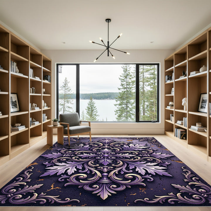 Ornate Purple Gold Acanthus Medallion Rug