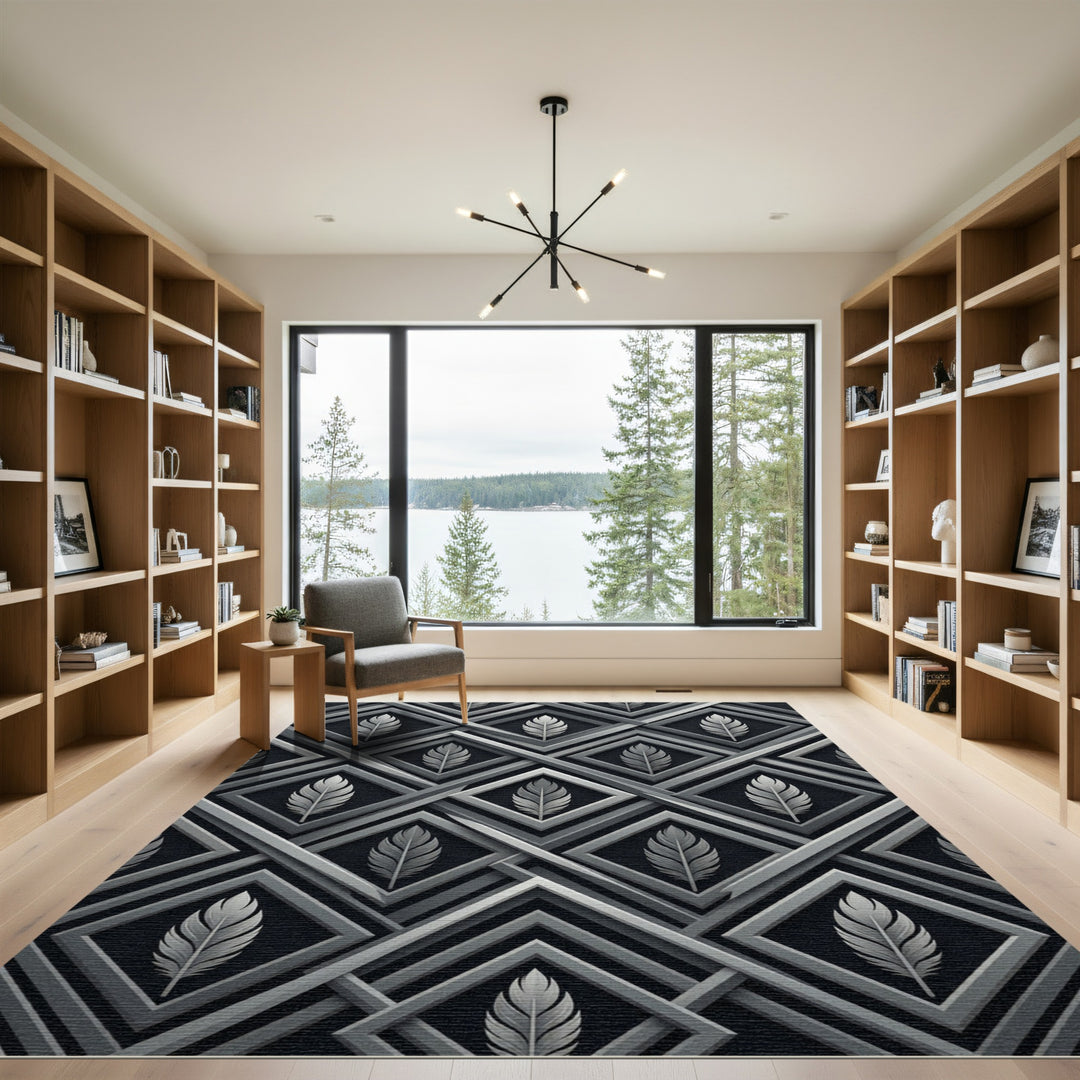 Art Deco Feather Geometric Silver Abstraction Rug