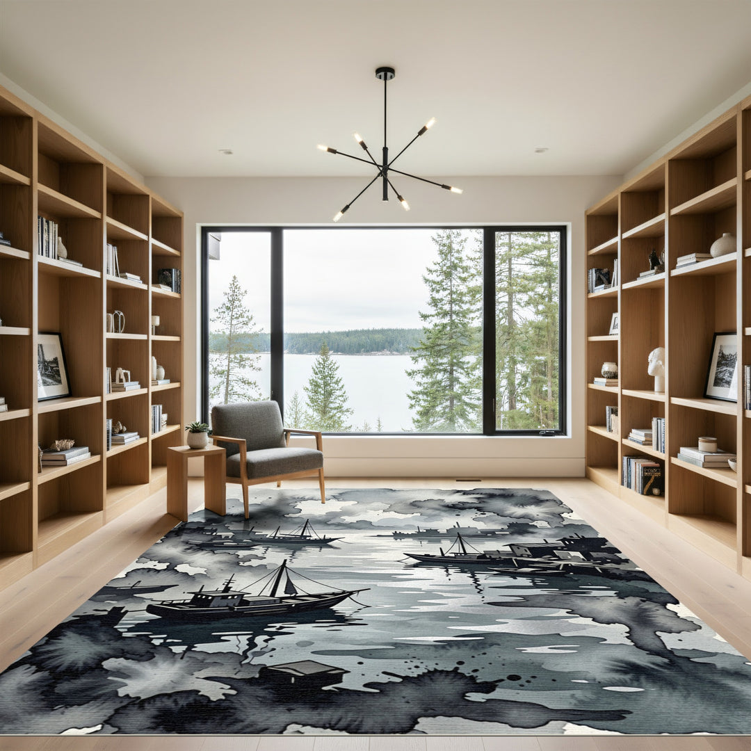 Monochromatic Harbor Boats Ink Wash Rug