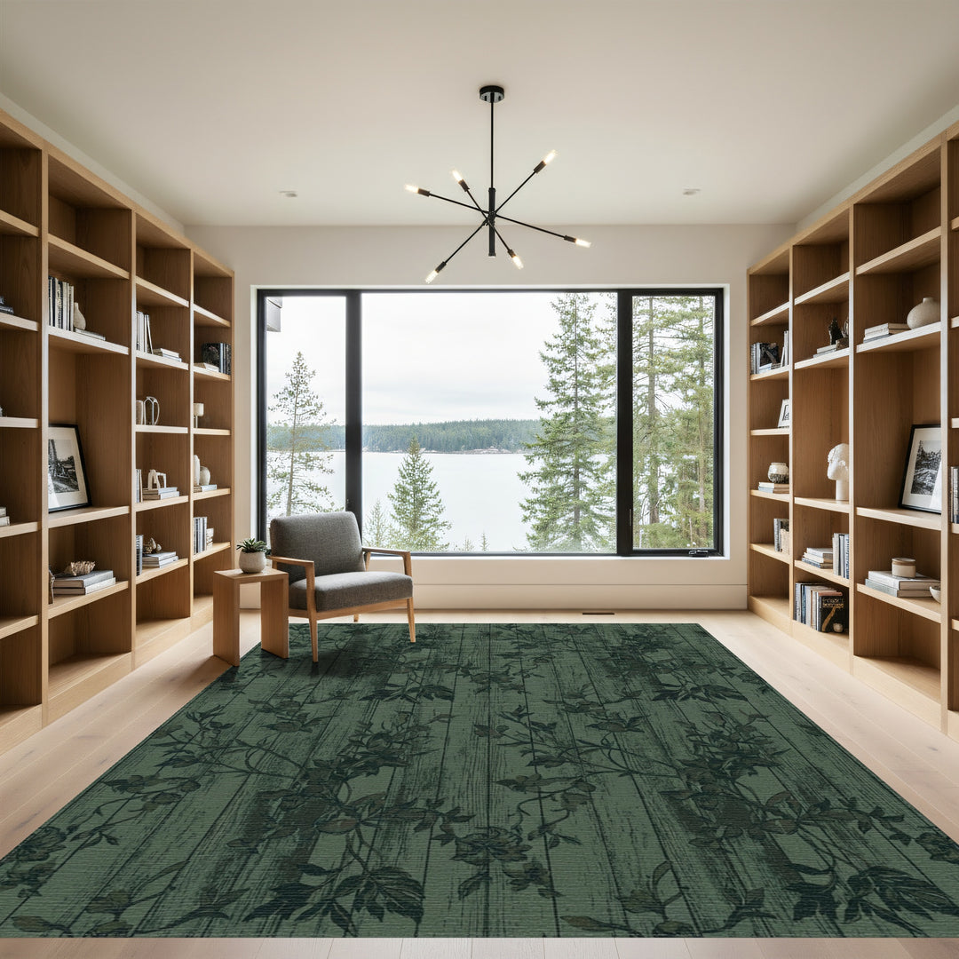 Dark Green Woodland Floral Vines Rug