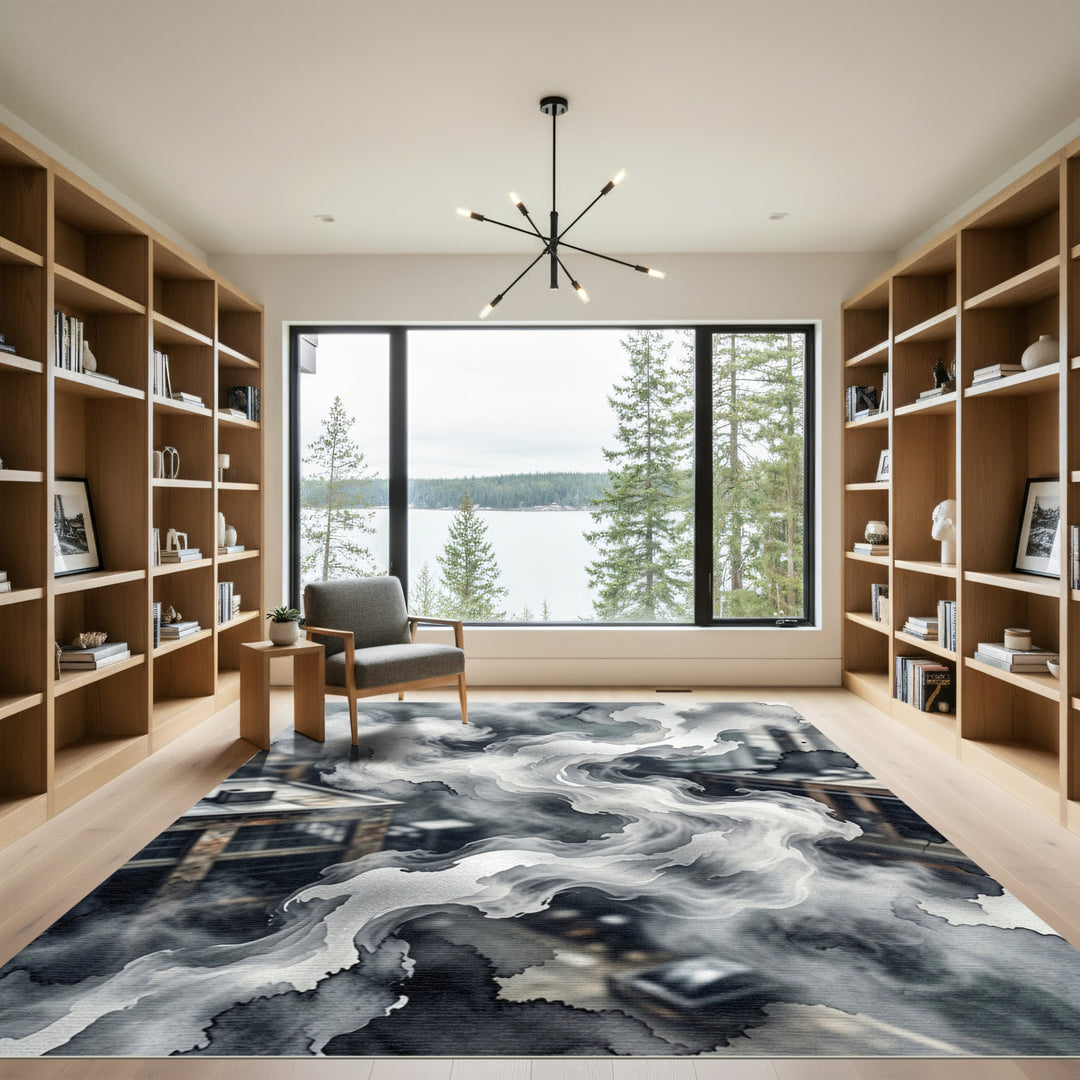 Monochromatic Abstract Smoke Over City Rug