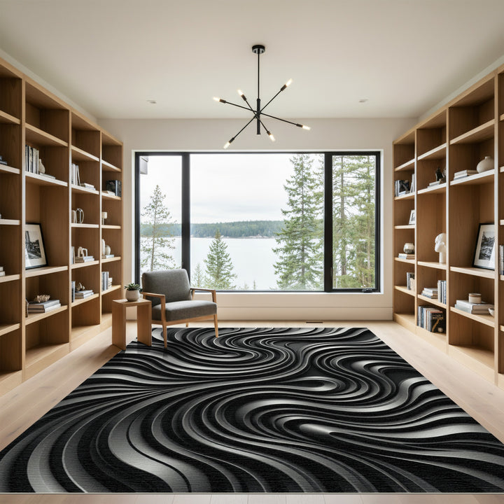 Monochrome Curving Liquid Metal Swirls Rug