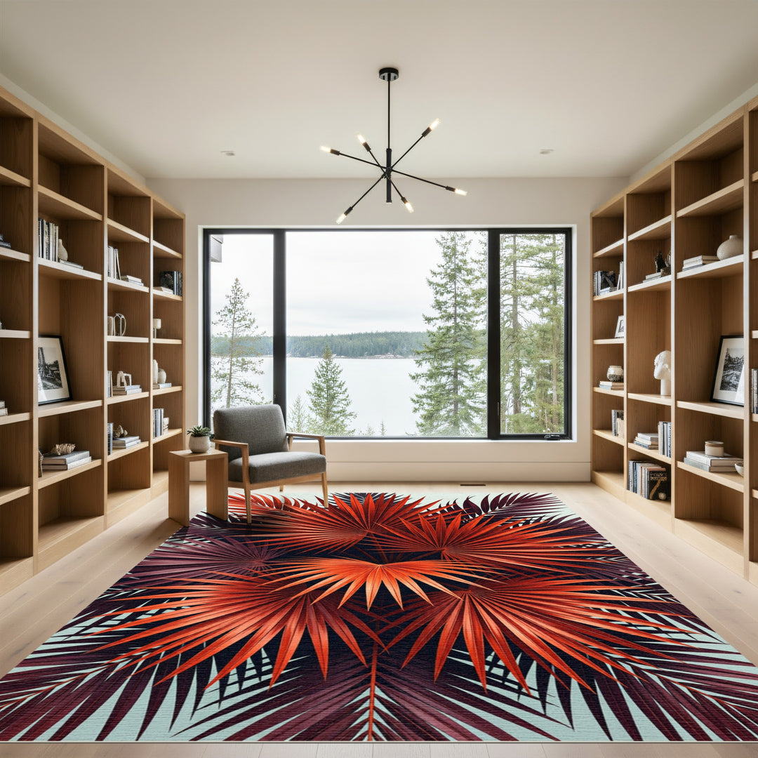Vibrant Red Palm Frond Collage Rug