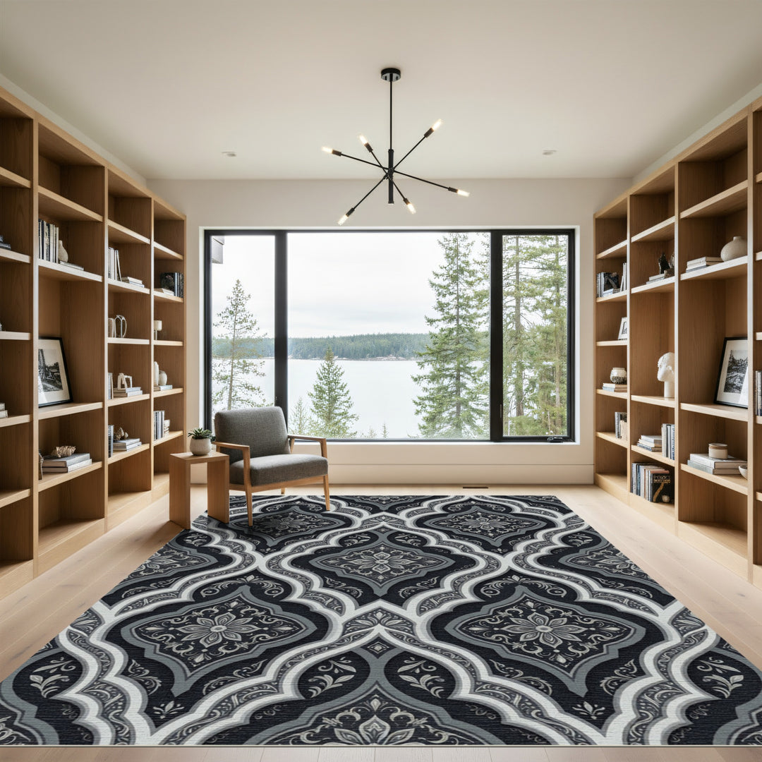Traditional Black Gray Arabesque Medallion Rug