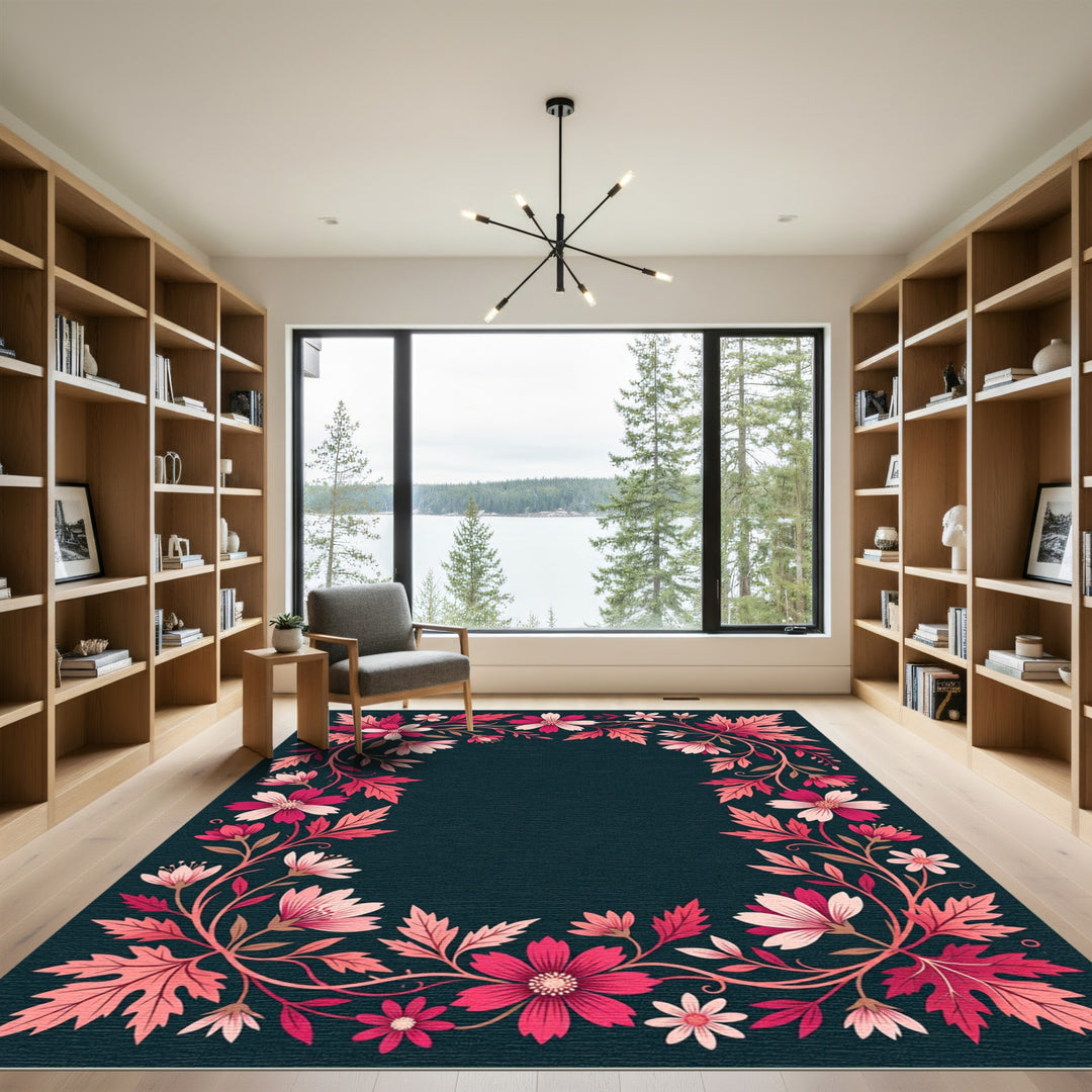 Vibrant Pink Floral Swirl Border Rug