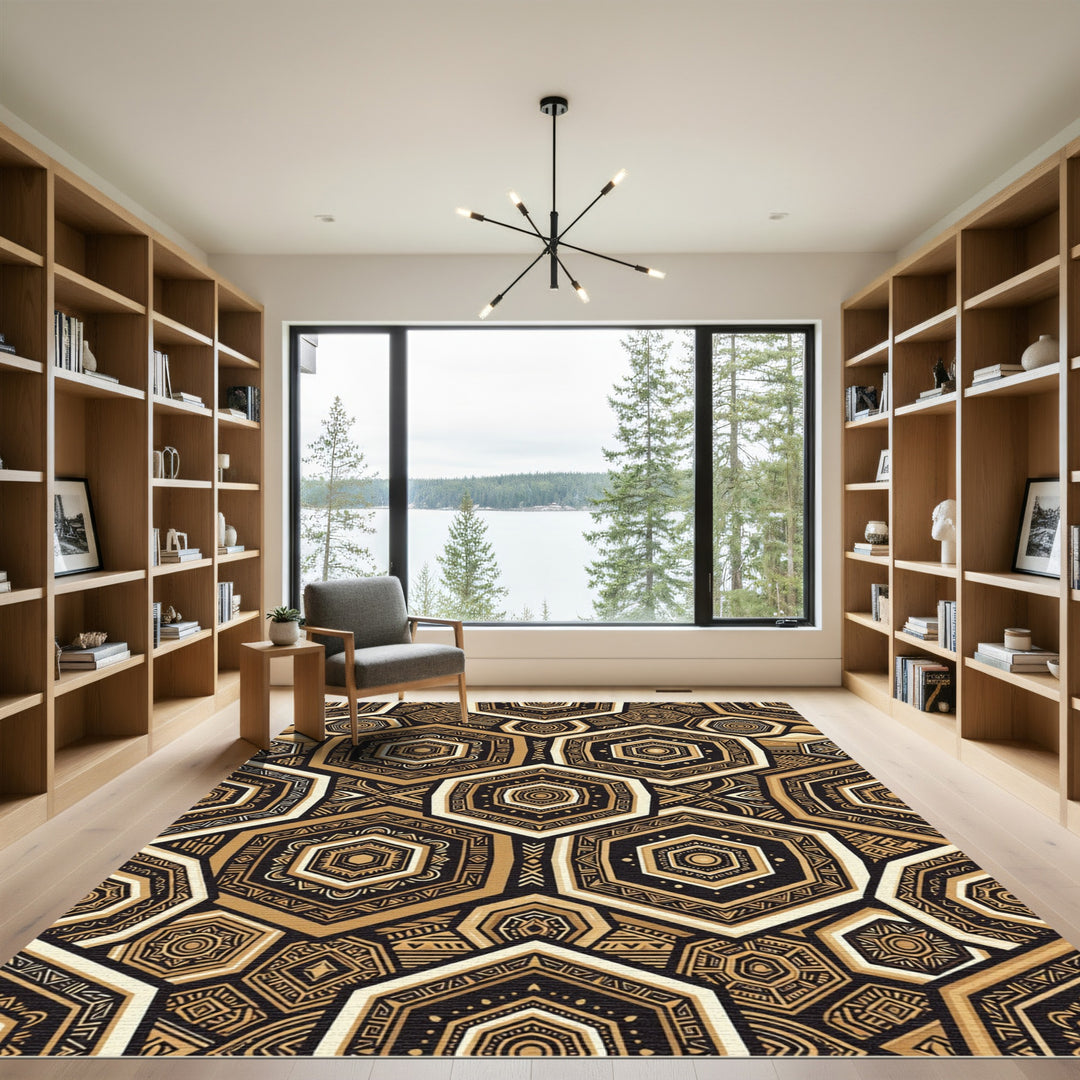 Golden Tribal Hexagon Geometric Rug