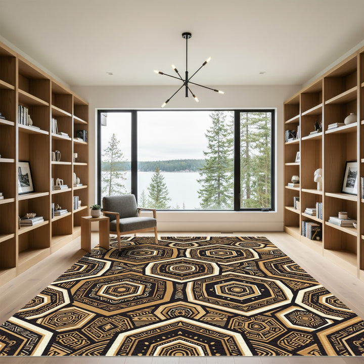 Golden Tribal Hexagon Geometric Rug