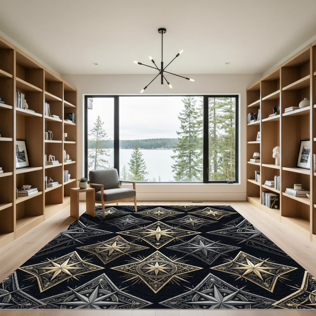 Ornate Gold Starburst Diamond Pattern Rug