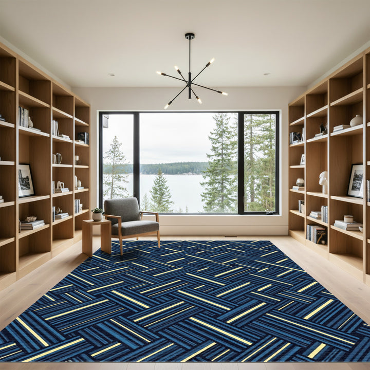 Deep Blue Woven Stripe Geometric Rug