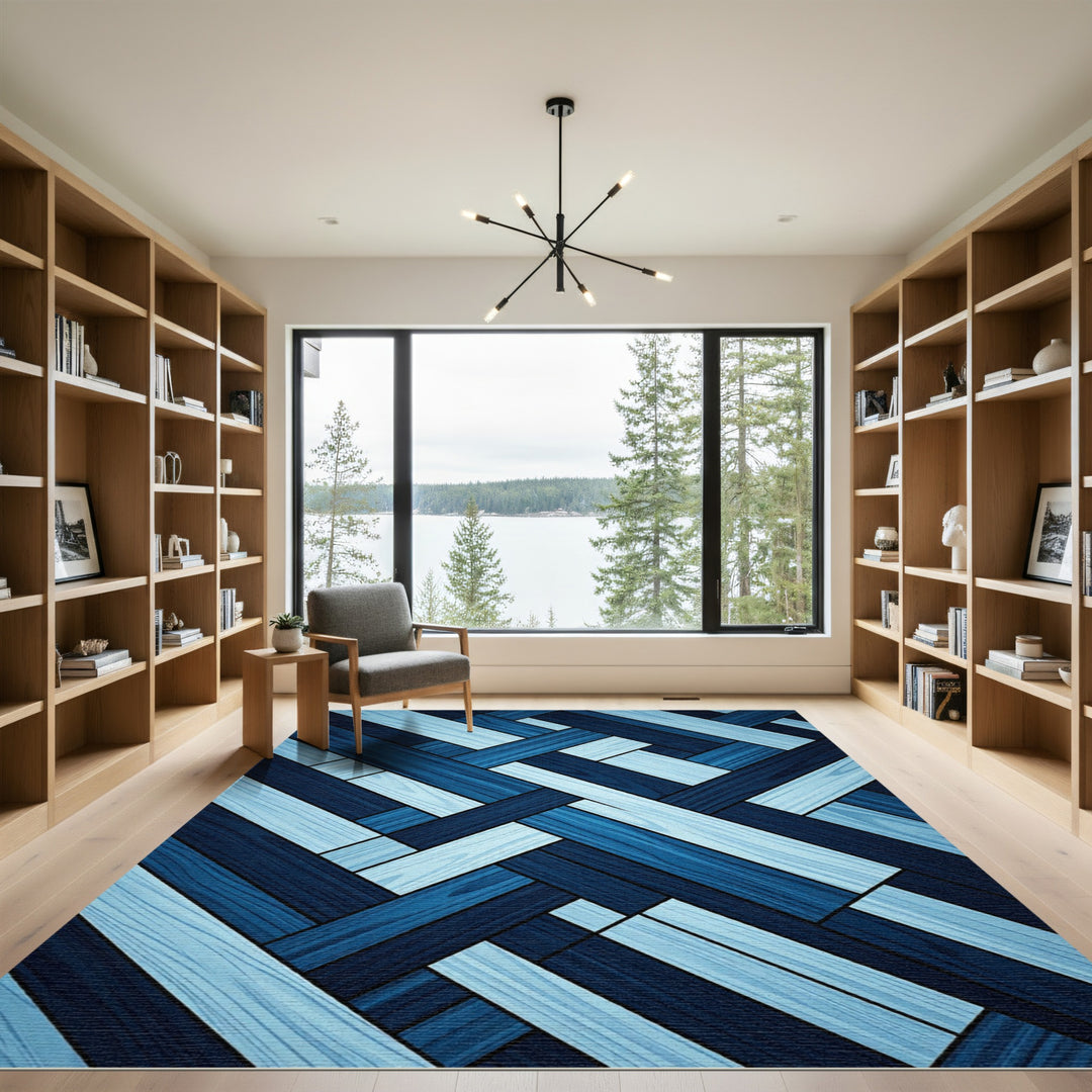 Deep Blue Wood Grain Herringbone Rug