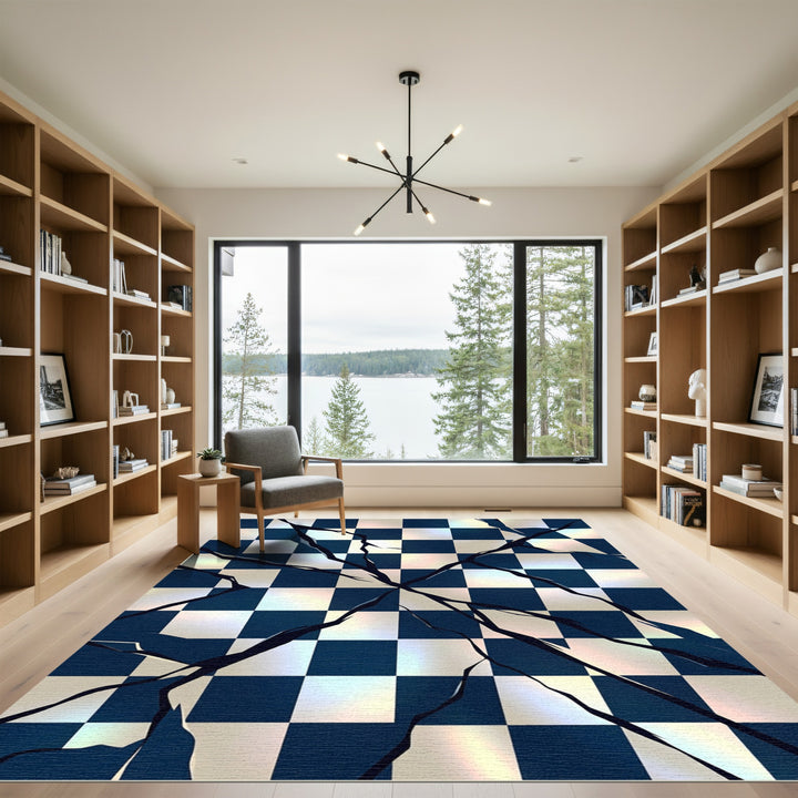 Cracked Checkerboard Indigo Square Rug