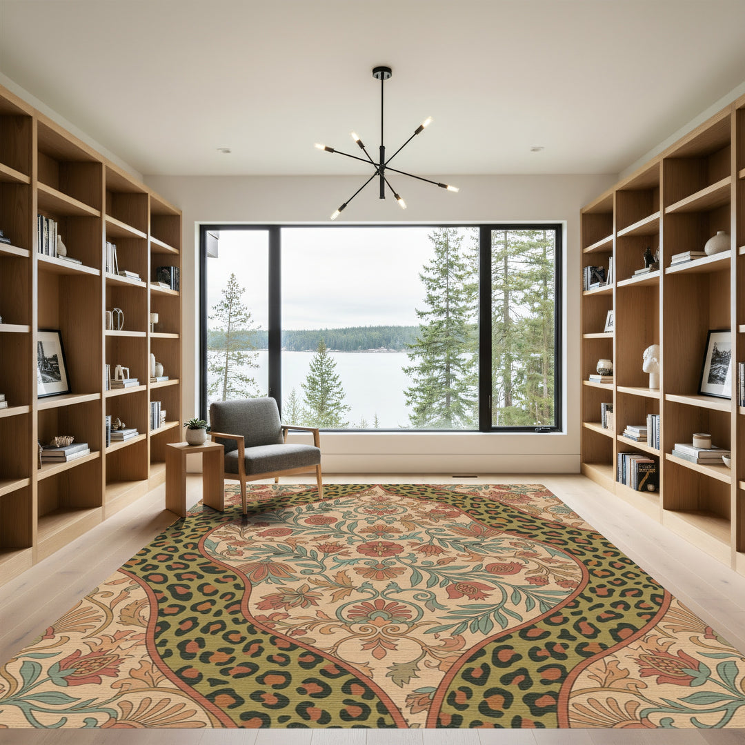 Earthy Floral Leopard Stripe Medallion Rug
