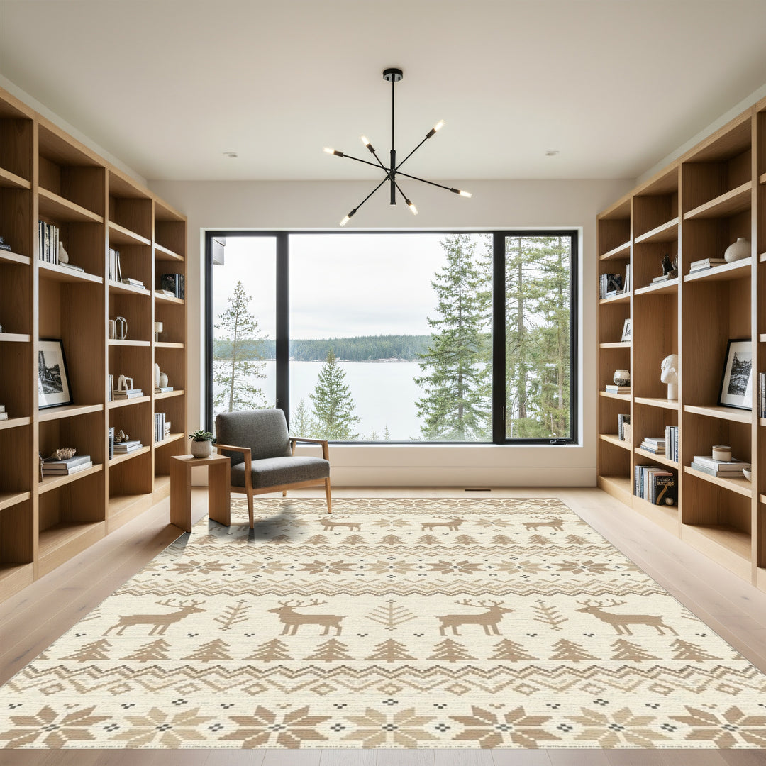 Neutral Taupe Deer Forest Jacquard Fabric Rug