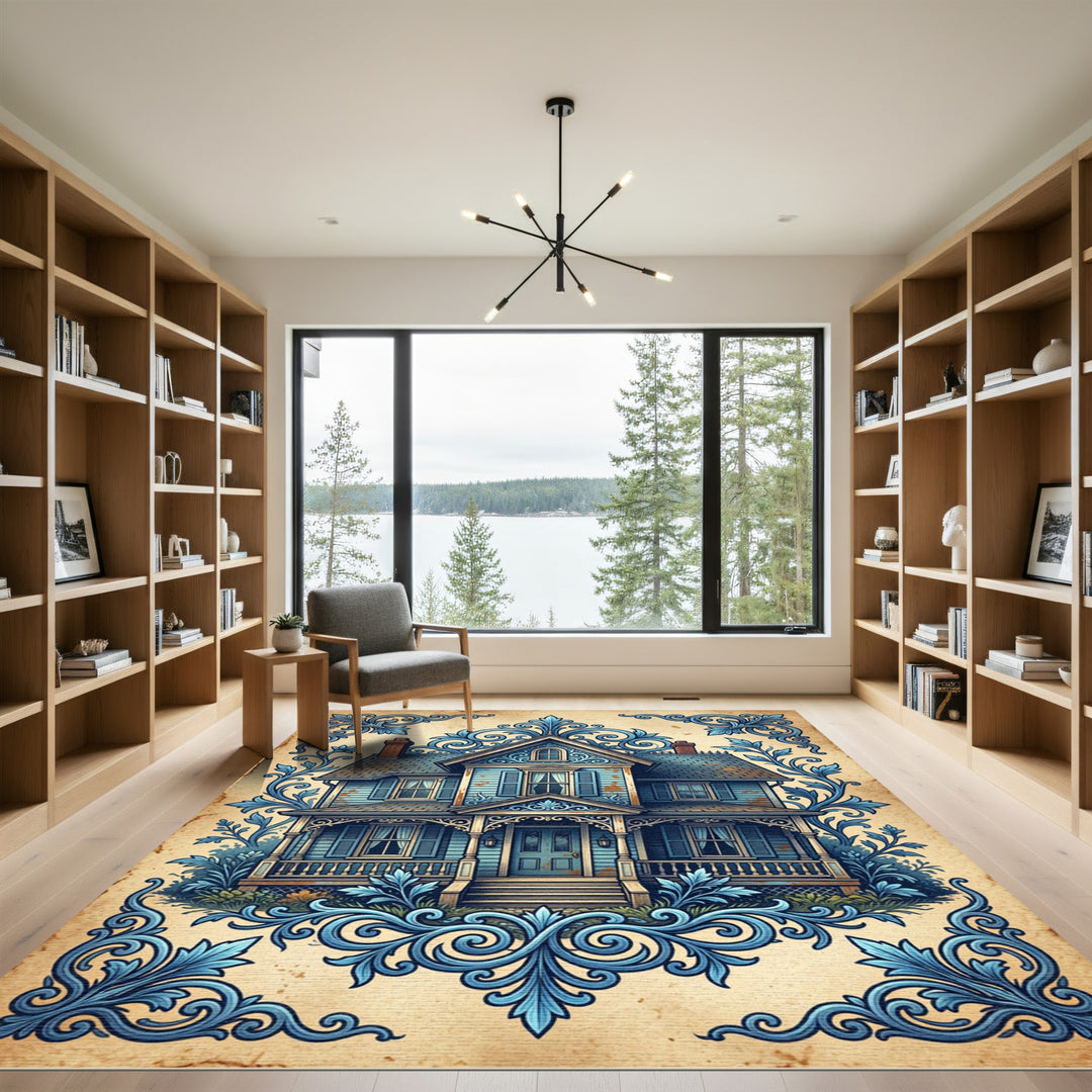 Antique Victorian Blue Floral Home Rug