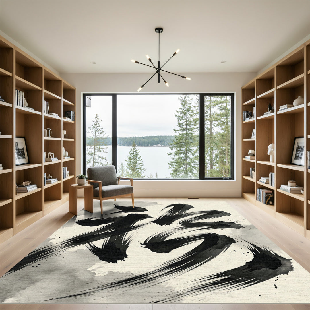 Bold Black Calligraphy Abstract Rug