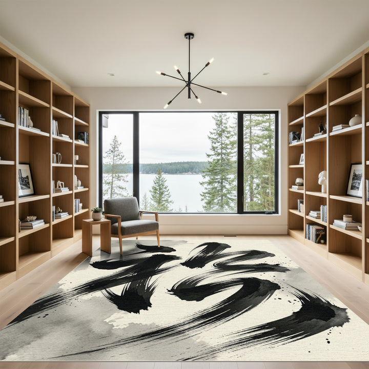 Bold Black Calligraphy Abstract Rug