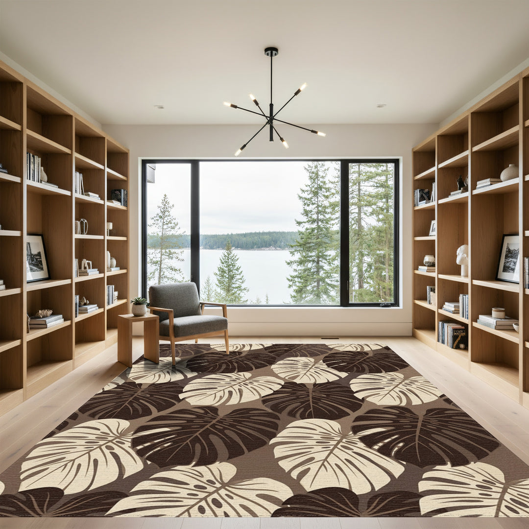 Brown White Leafy Foliage Repeat Rug