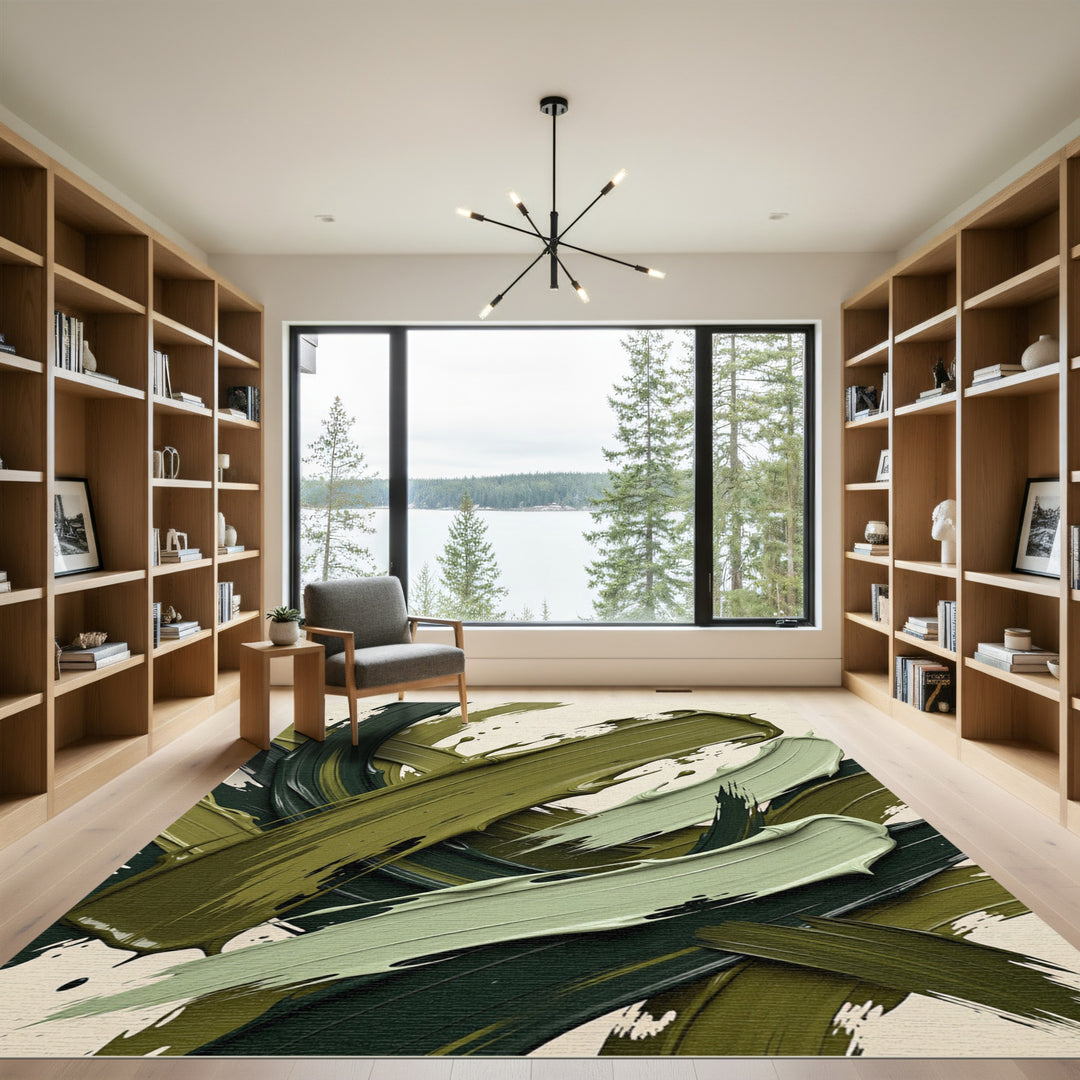 Bold Olive Green Paint Swirl Rug