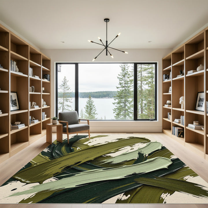 Bold Olive Green Paint Swirl Rug