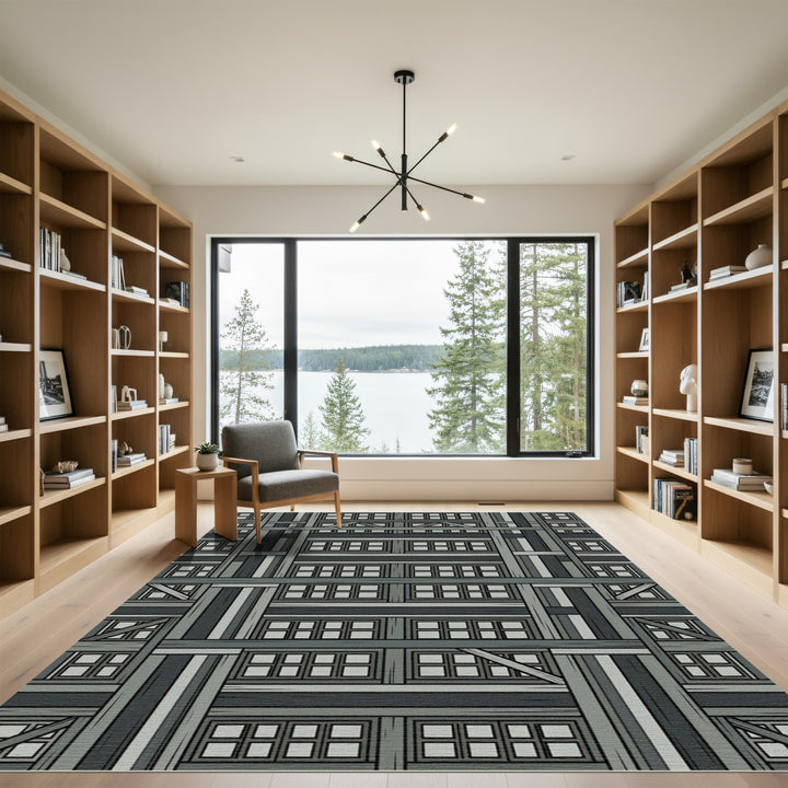 Dark Gray Industrial Wood Window Arrangement Rug