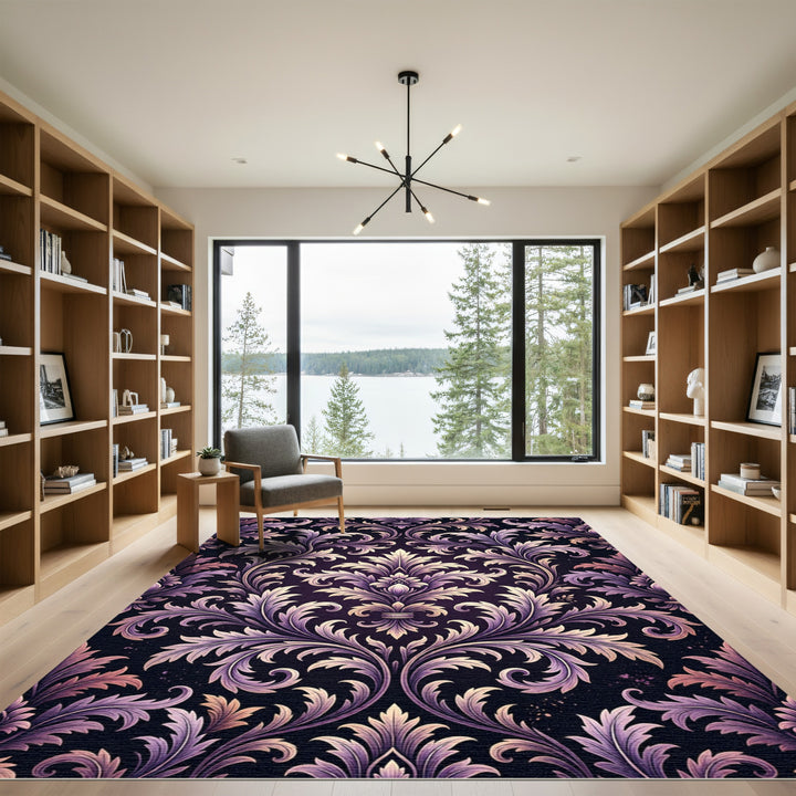 Ornate Purple Gold Damask Area Rug