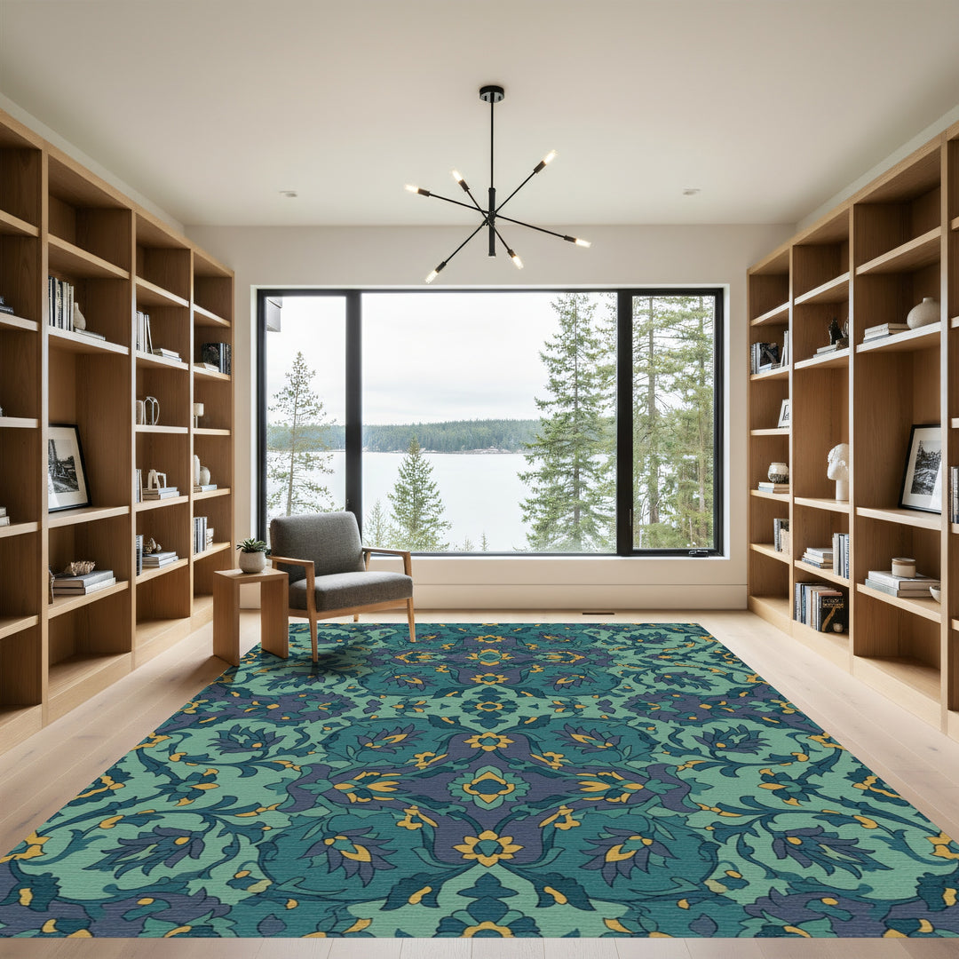 Teal and Gold Floral Medallion Rug