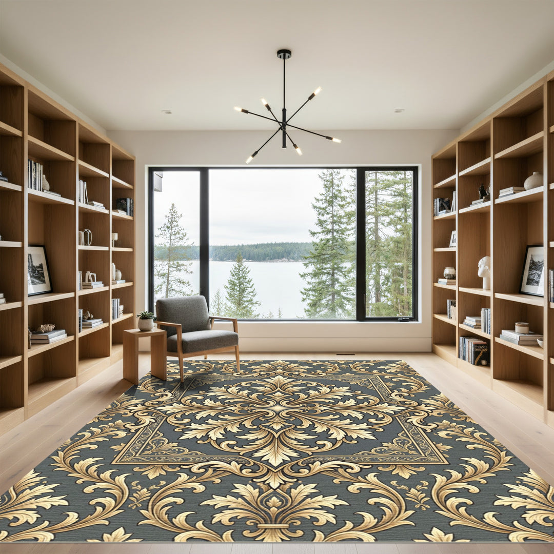 Gold Scrollwork Frame Dark Grey Rug