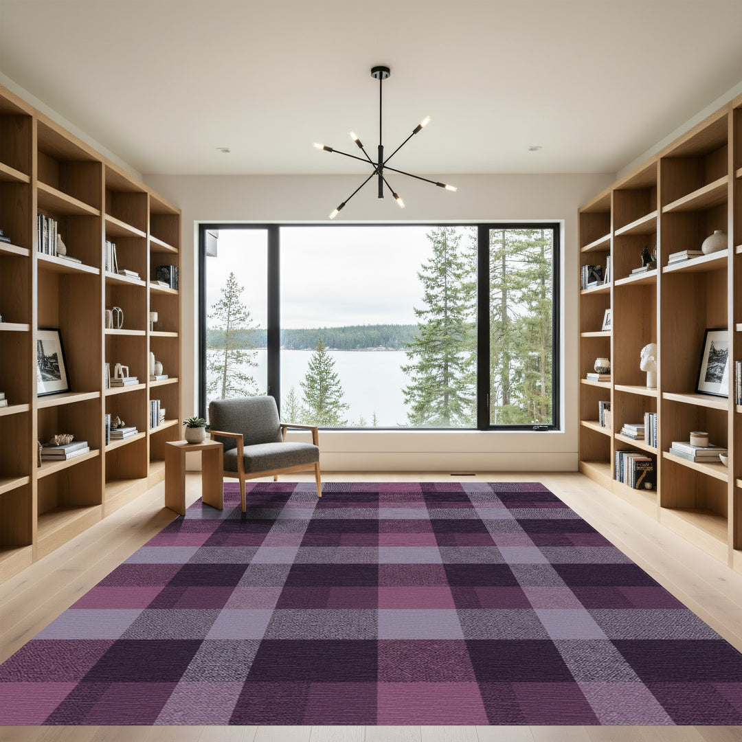Plum Plaid Textured Geometric Squares Rug