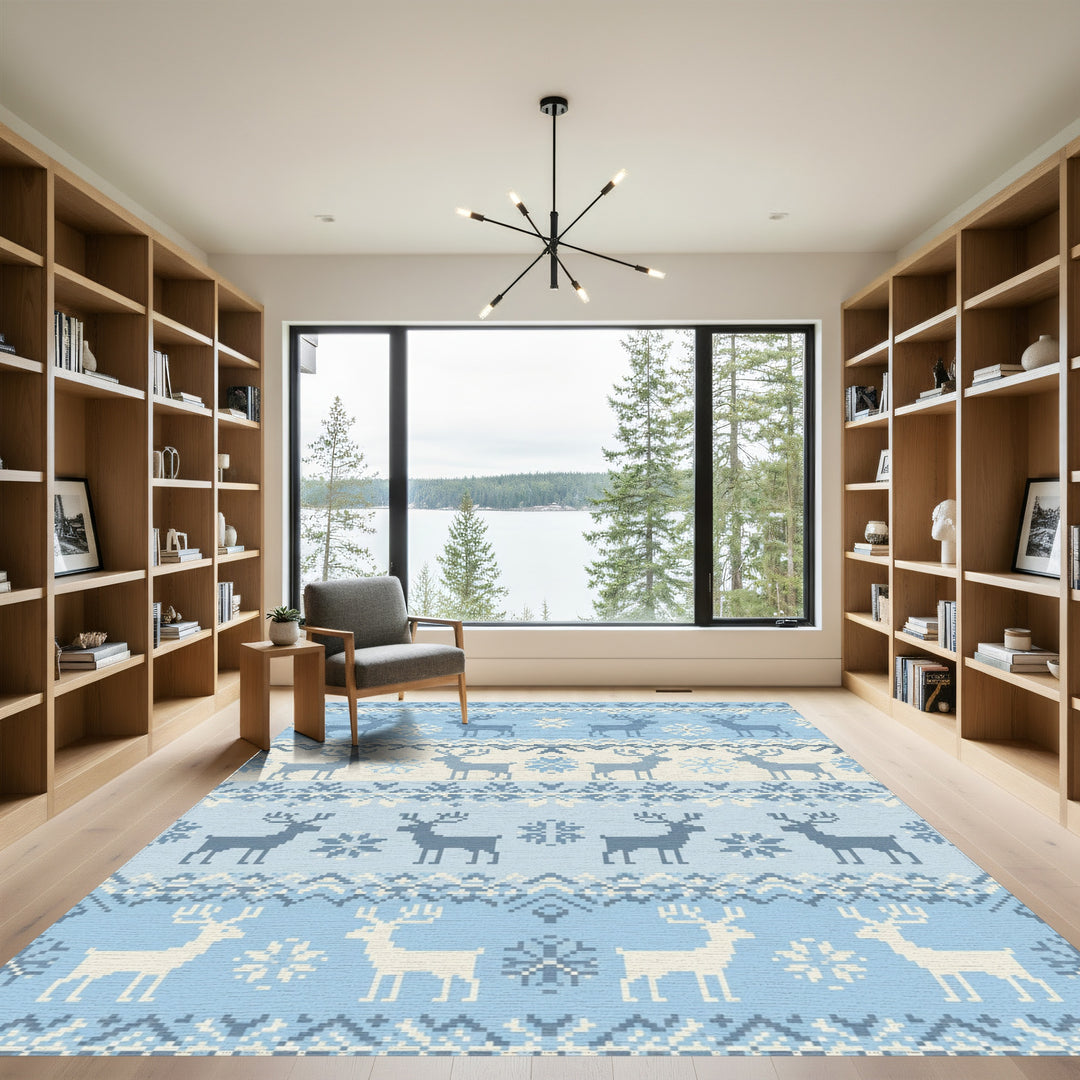 Winter Blue Reindeer Snowflake Pixel Rug