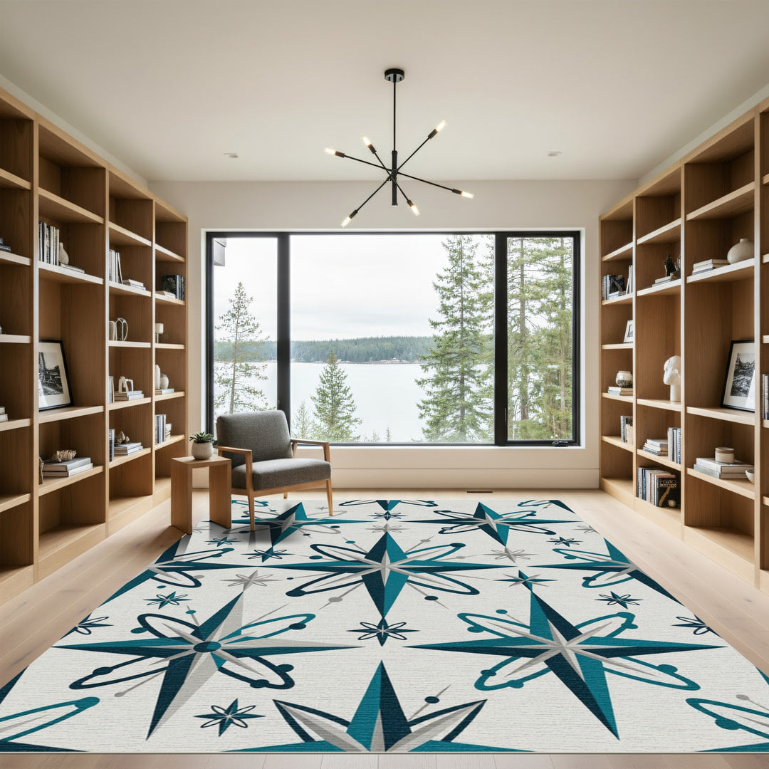 Teal Gray Atomic Starburst Rug
