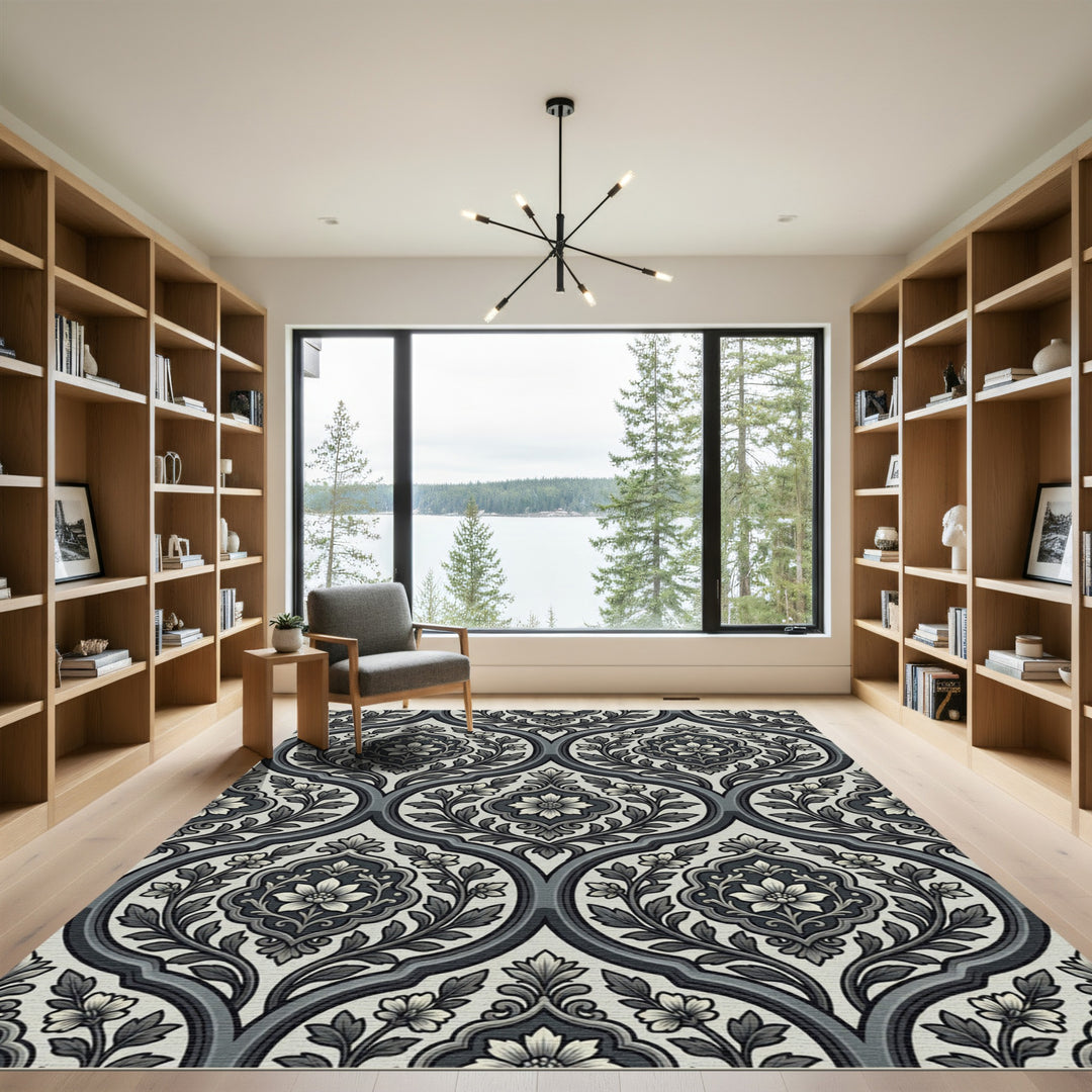 Monochromatic Floral Cartouche Lattice Rug