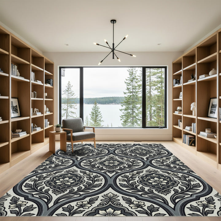 Monochromatic Floral Cartouche Lattice Rug